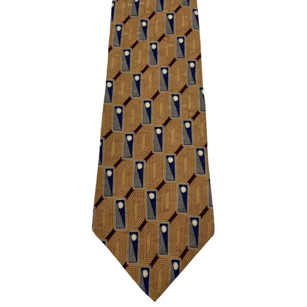 Etienne Aigner Brown Red Blue Geometric Print 100% Silk Mens Tie Necktie - Picture 1 of 5
